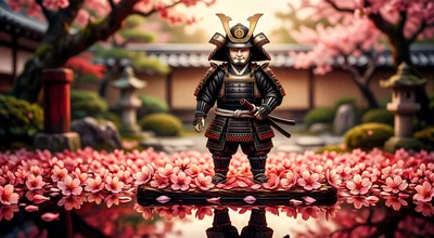 Miniature Samurai Warrior Standing On Floating Wood