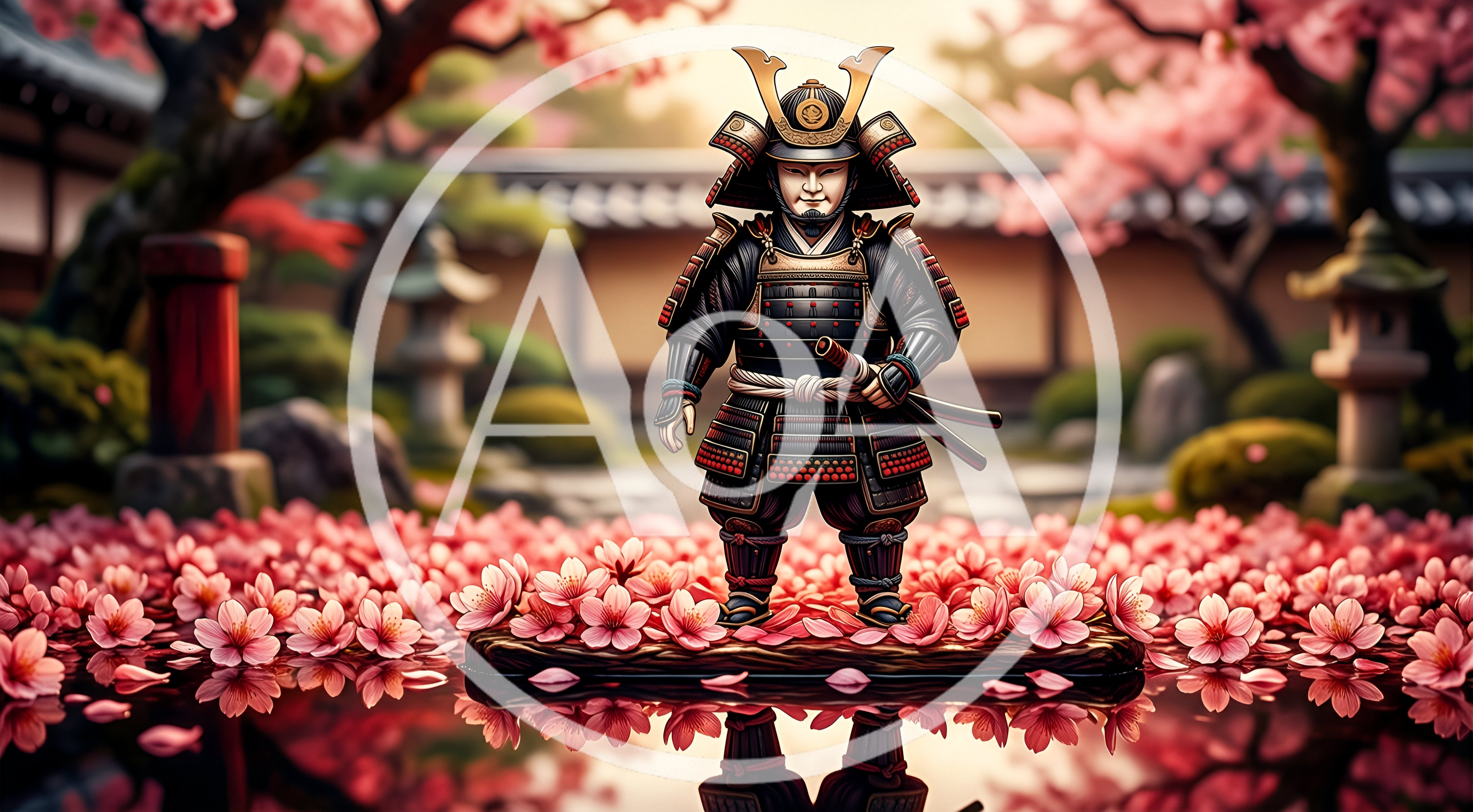 Miniature Samurai Warrior Standing On Floating Wood