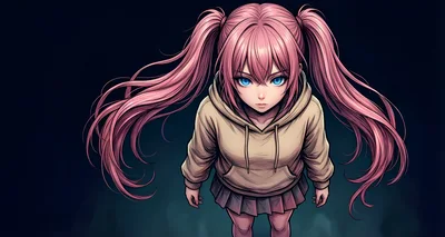 Anime Girl With Pink Pigtails In A Hoodie