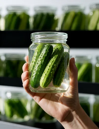 Hand Holding A Glass Jar Of Pickled Cucumbers
