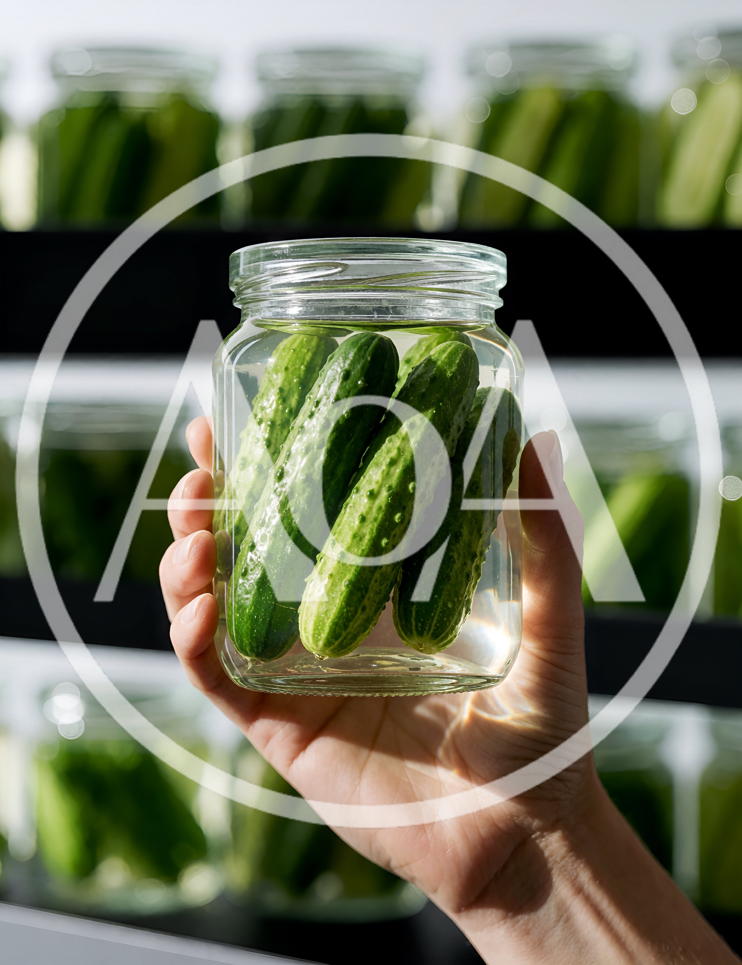 Hand Holding A Glass Jar Of Pickled Cucumbers