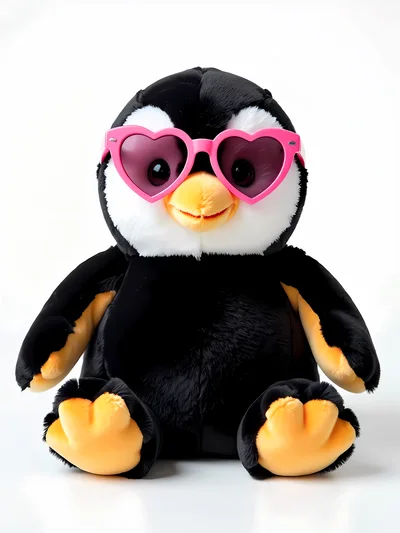 Plush Penguin Toy Wearing Pink Heart Shaped Sunglasses