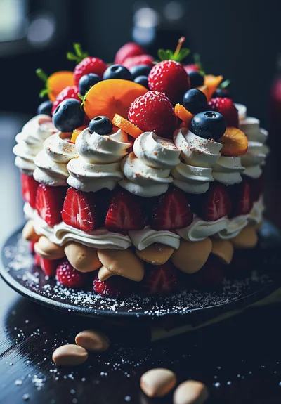 Gourmet Fruit Layer Cake With Whipped Cream