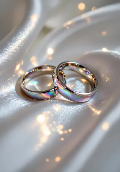 Two Iridescent Wedding Rings On White Silk Fabric
