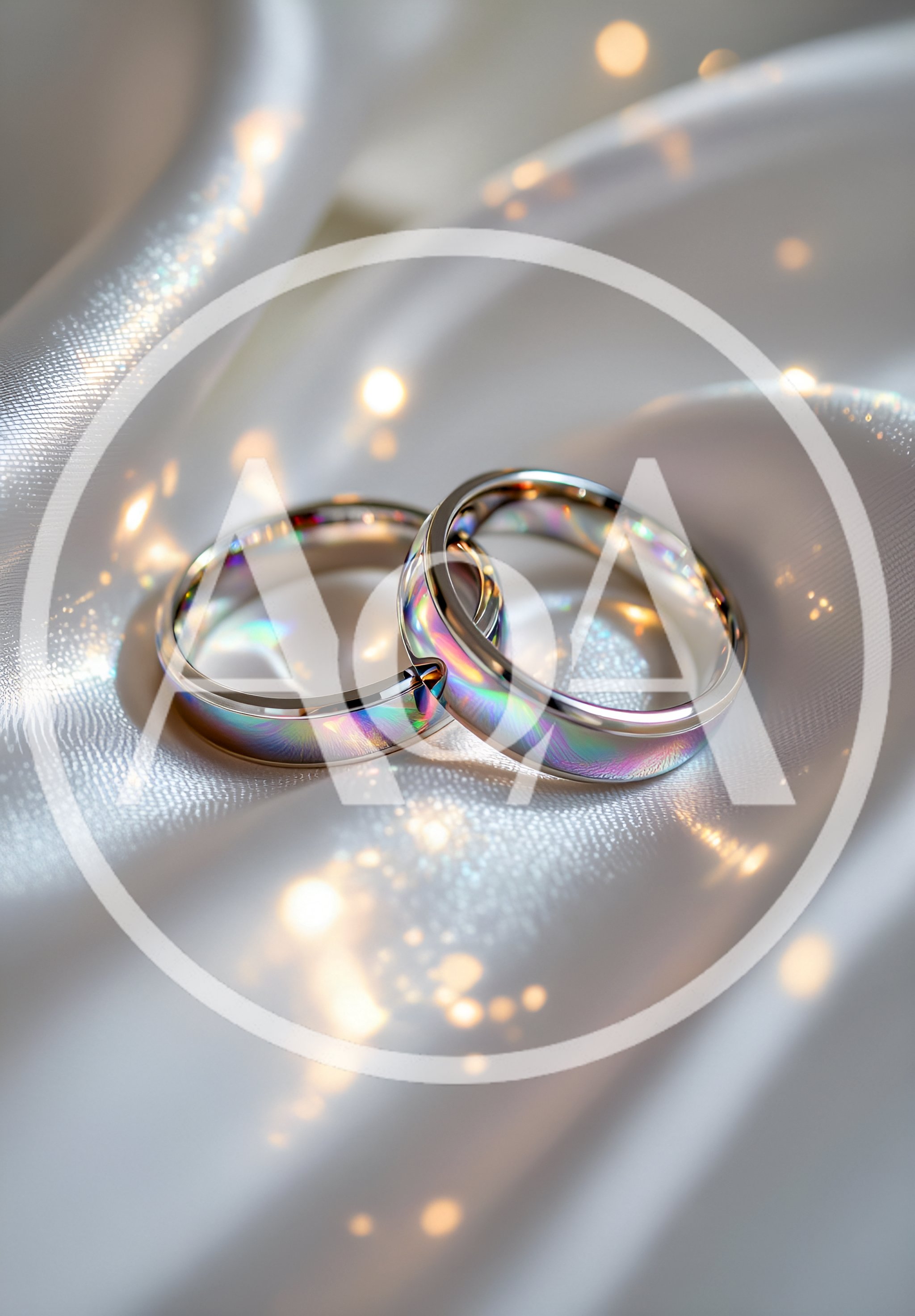 Two Iridescent Wedding Rings On White Silk Fabric