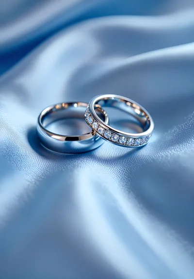 Two Elegant Wedding Rings On Blue Silk Fabric