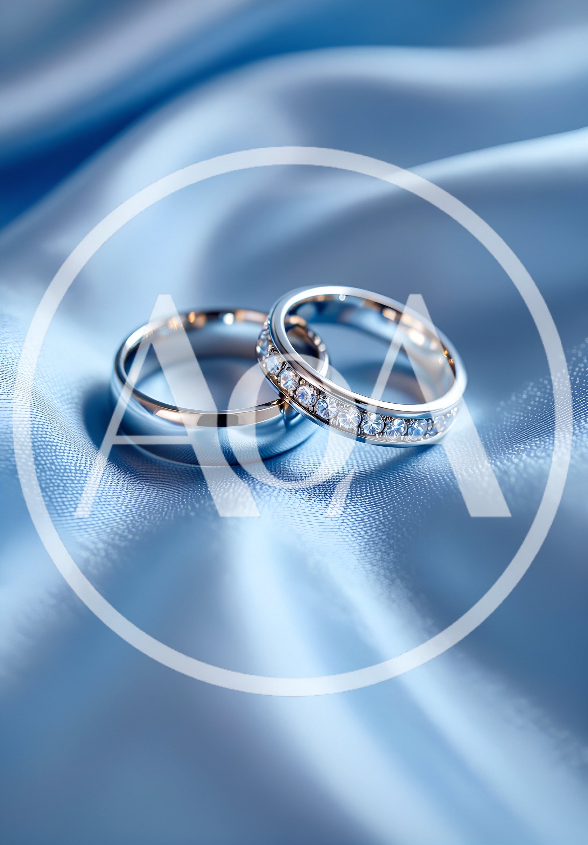 Two Elegant Wedding Rings On Blue Silk Fabric
