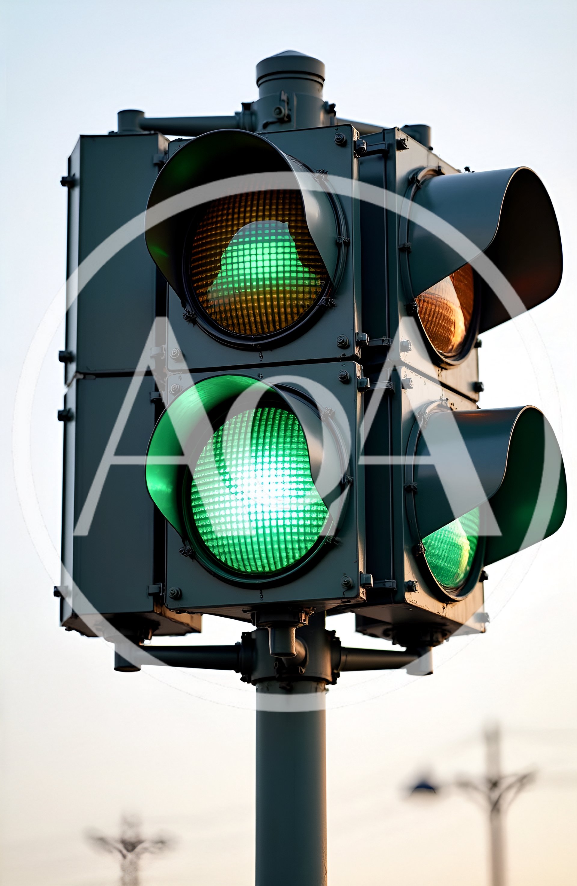 Illuminated Green Traffic Light Signal On Pole