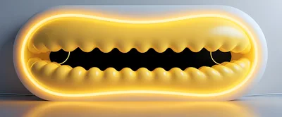 Abstract Yellow Glowing Wavy Mouth Shape Light Installation