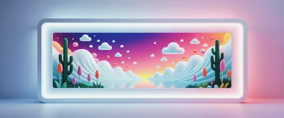 Surreal Desert Landscape With Cacti And Clouds