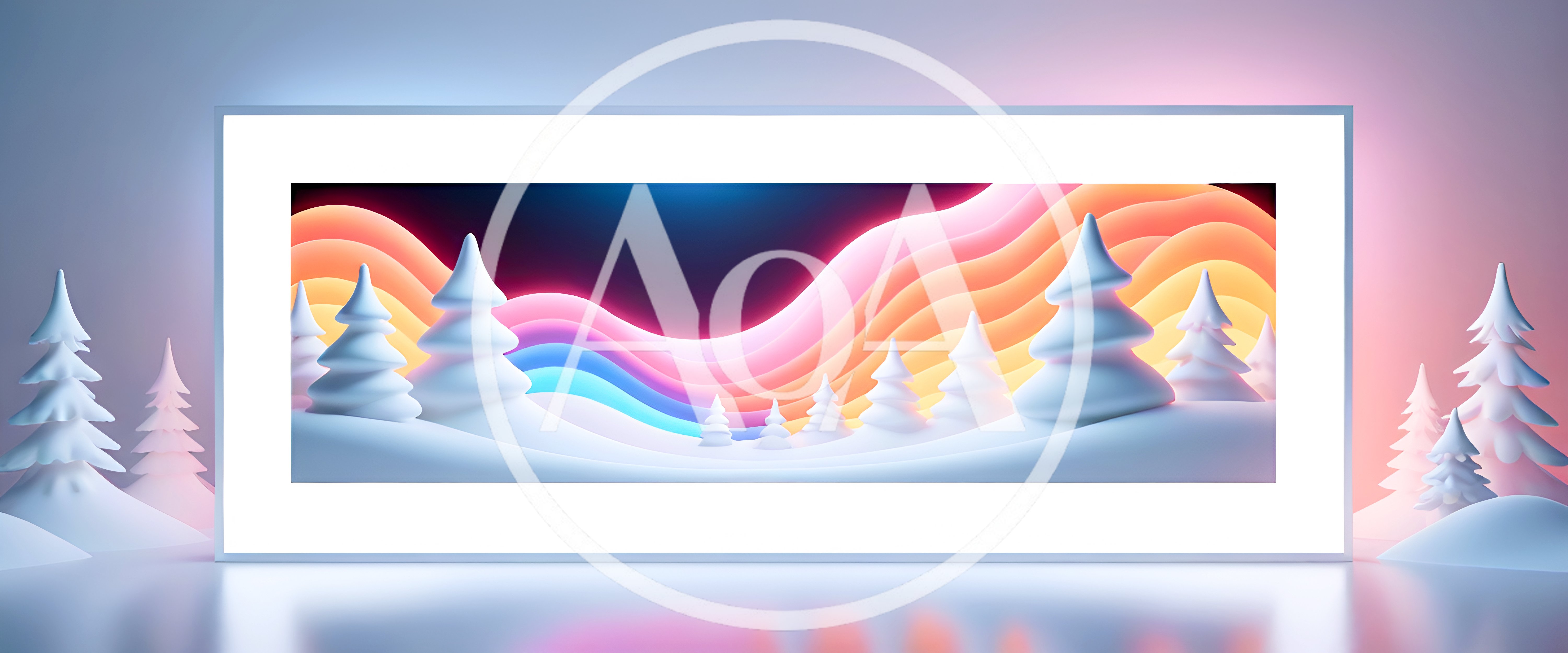Abstract Winter Landscape With Neon Rainbow Aurora