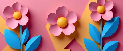 Paper Craft Flowers With Blue Leaves On Pink Background
