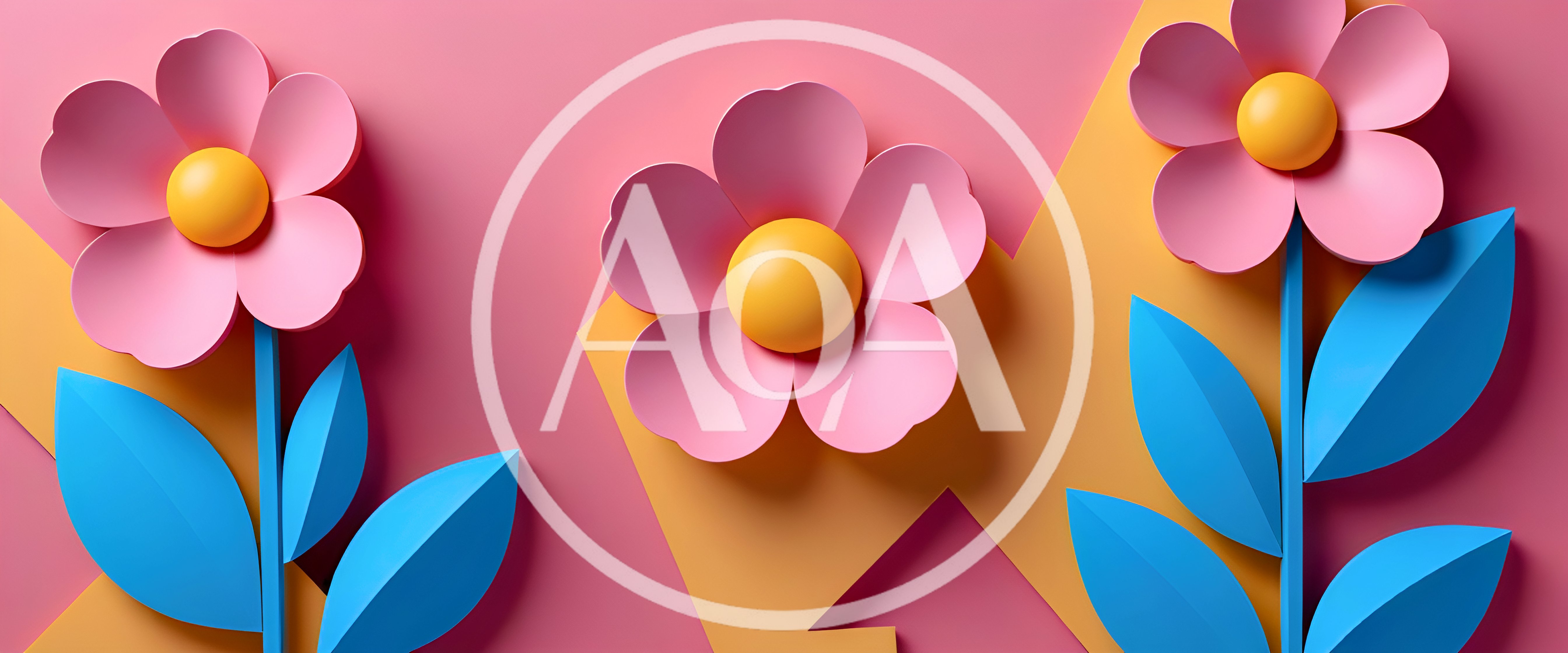 Paper Craft Flowers With Blue Leaves On Pink Background