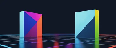 Abstract Geometric Cubes On A Reflective Neon Grid