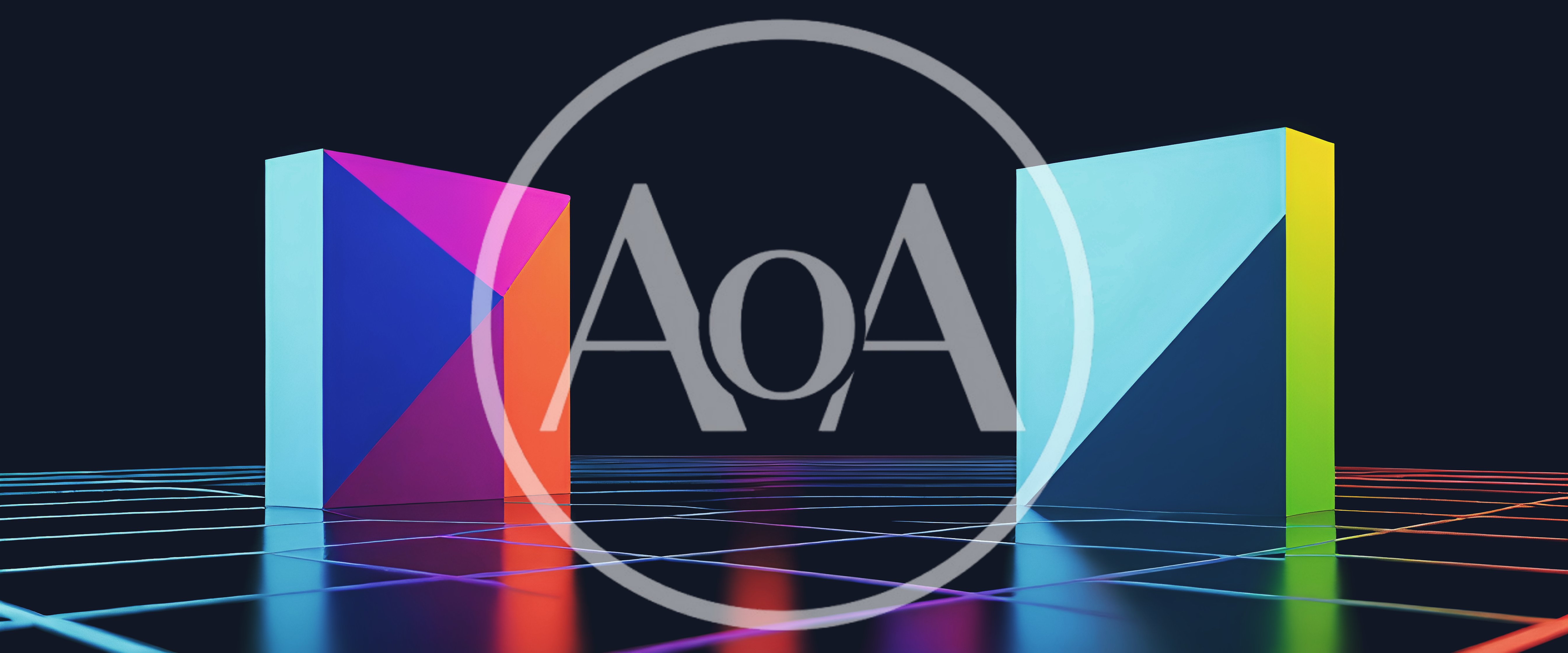 Abstract Geometric Cubes On A Reflective Neon Grid