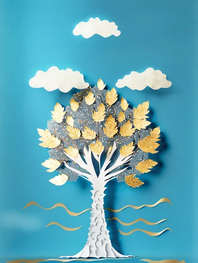 Paper Craft Tree With Golden Leaves On Blue Background