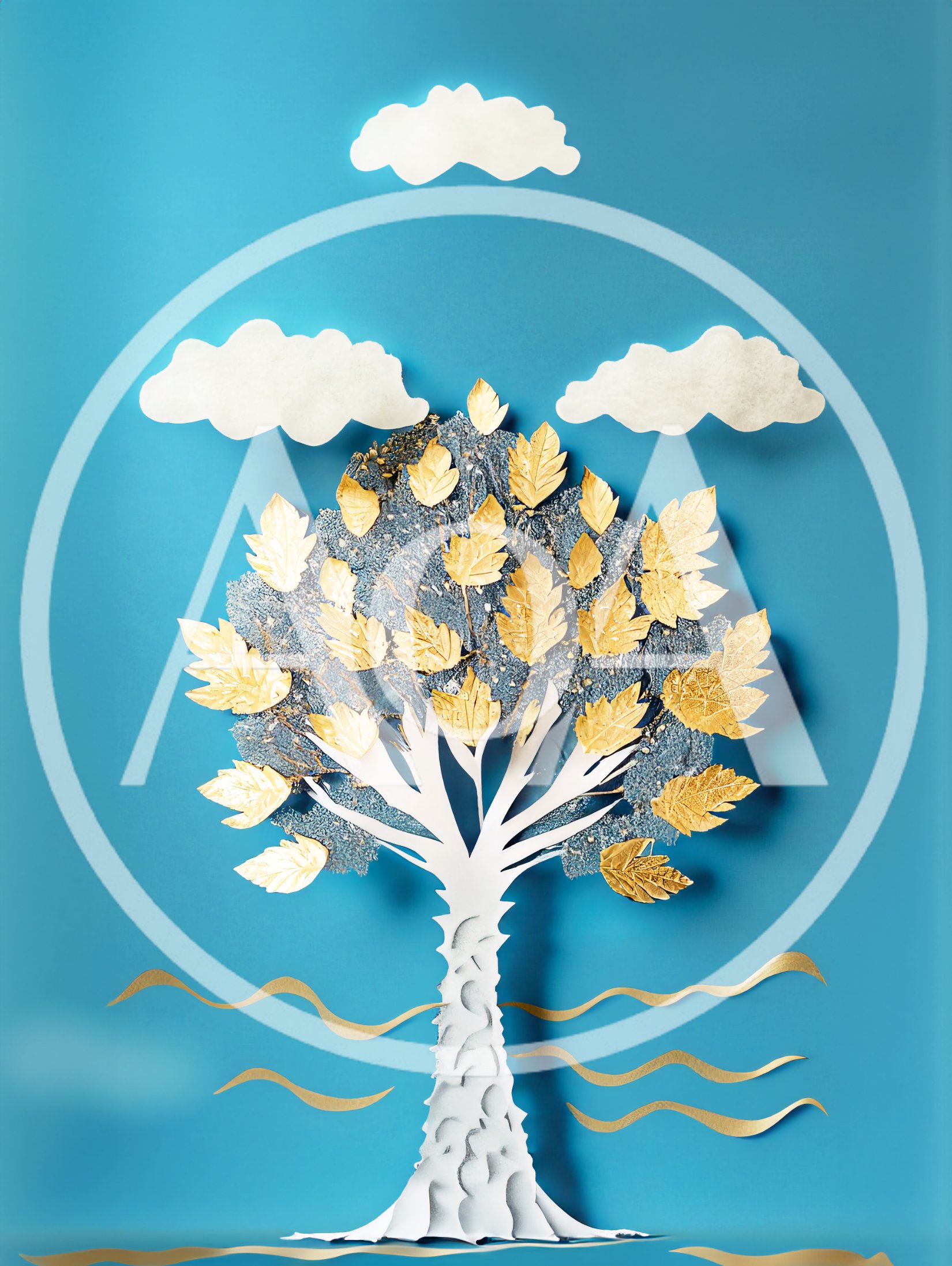 Paper Craft Tree With Golden Leaves On Blue Background