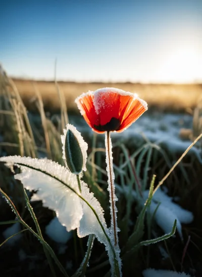 Red Poppy Flower Covered In Frost And Snow