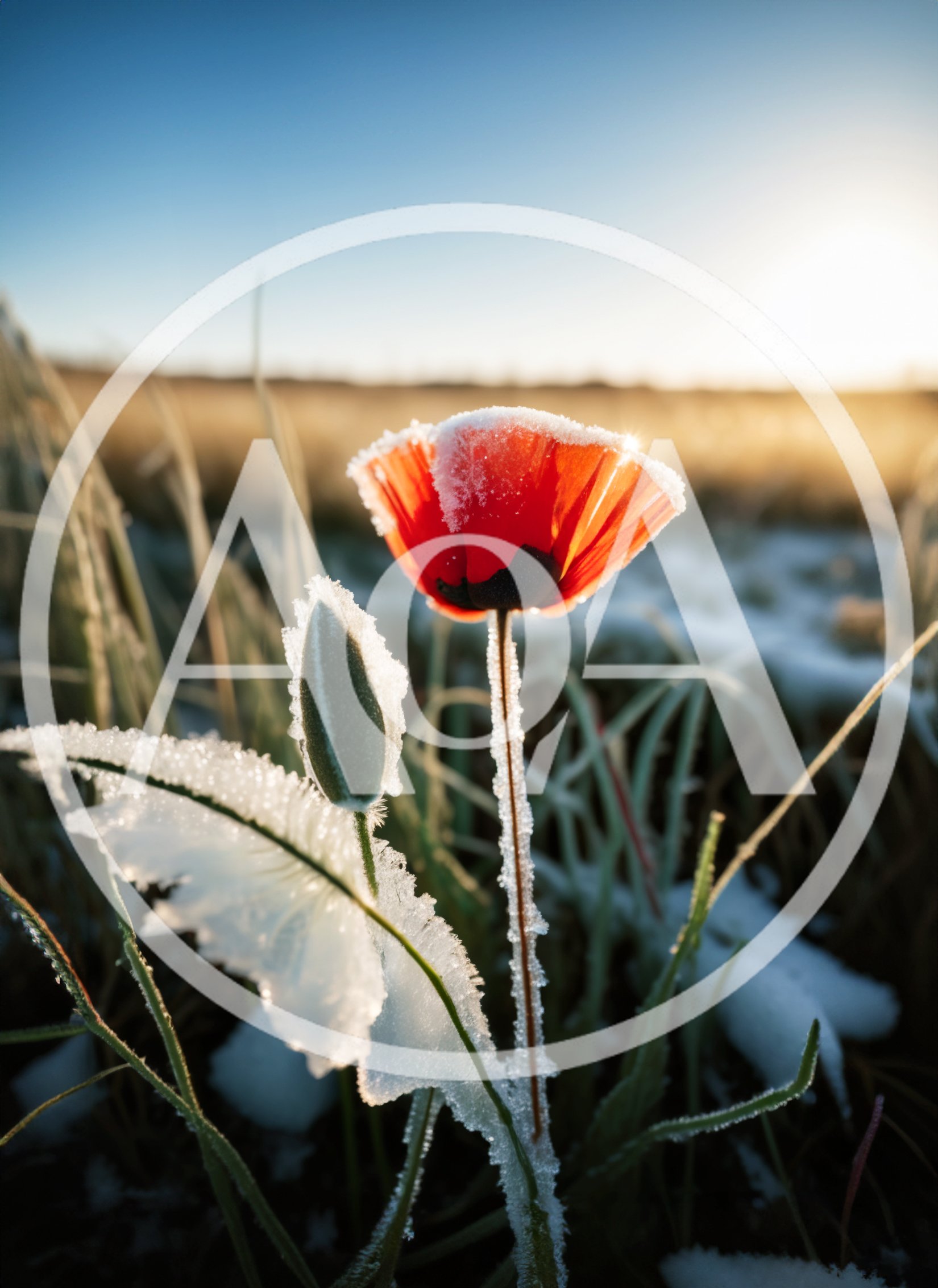 Red Poppy Flower Covered In Frost And Snow