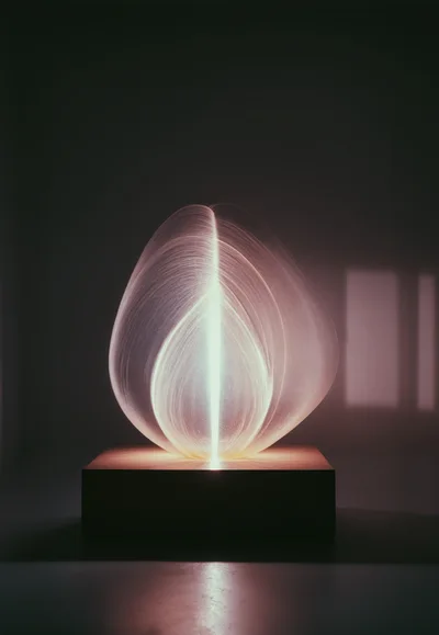 Abstract Glowing Light Sculpture On Wooden Pedestal