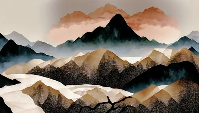 Abstract Watercolor Landscape Painting Of Layered Mountains