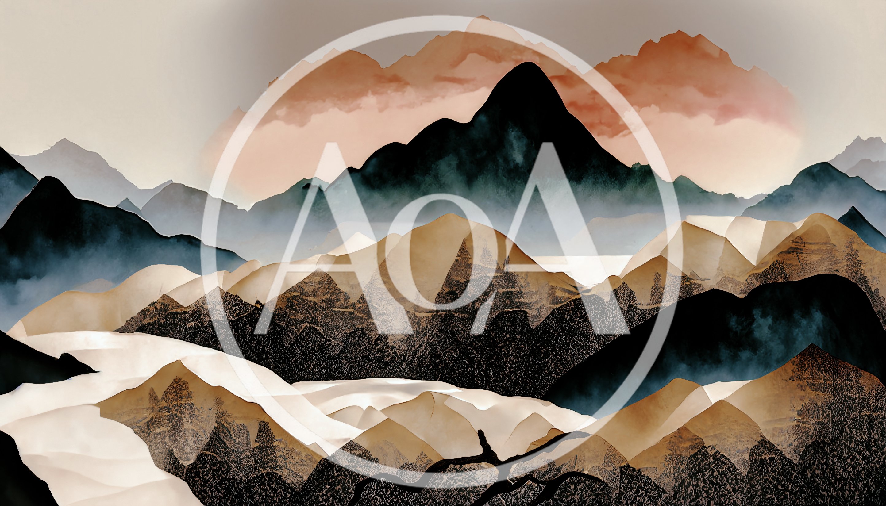 Abstract Watercolor Landscape Painting Of Layered Mountains