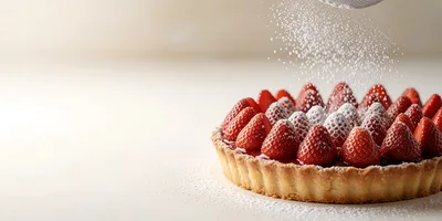 Powdered Sugar Being Sifted Over A Fresh Strawberry Tart