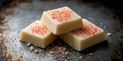 Three Squares Of White Chocolate Fudge With Sprinkles