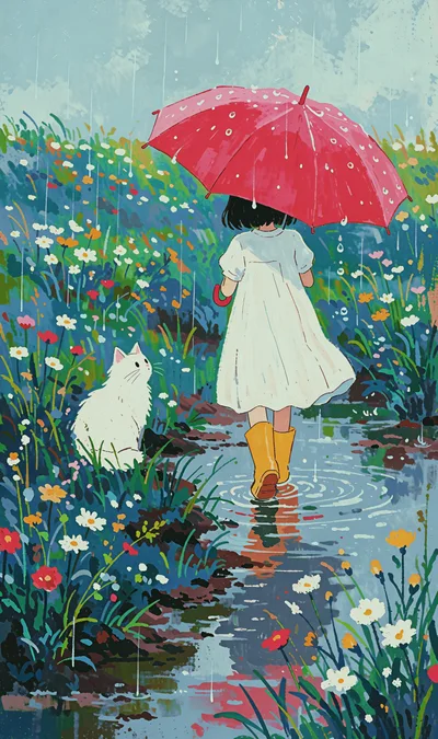Girl With Red Umbrella Walking In Rain With Cat