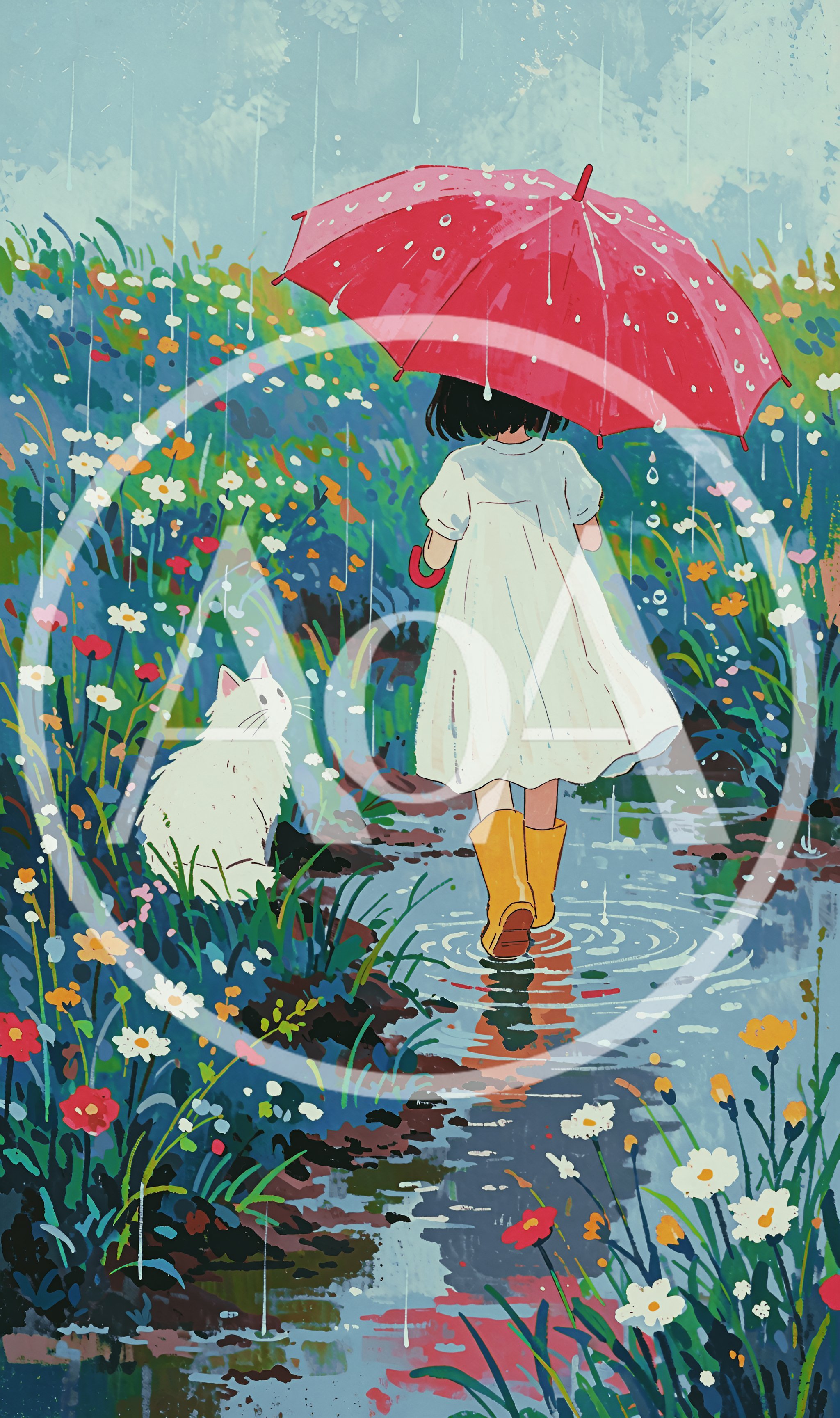Girl With Red Umbrella Walking In Rain With Cat