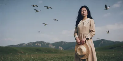 Young Woman Holding Straw Hat In A Grassy Field