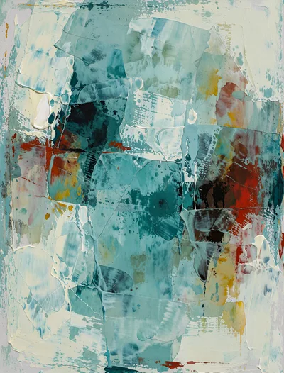 Abstract Oil Painting With Textured Teal And Red Strokes