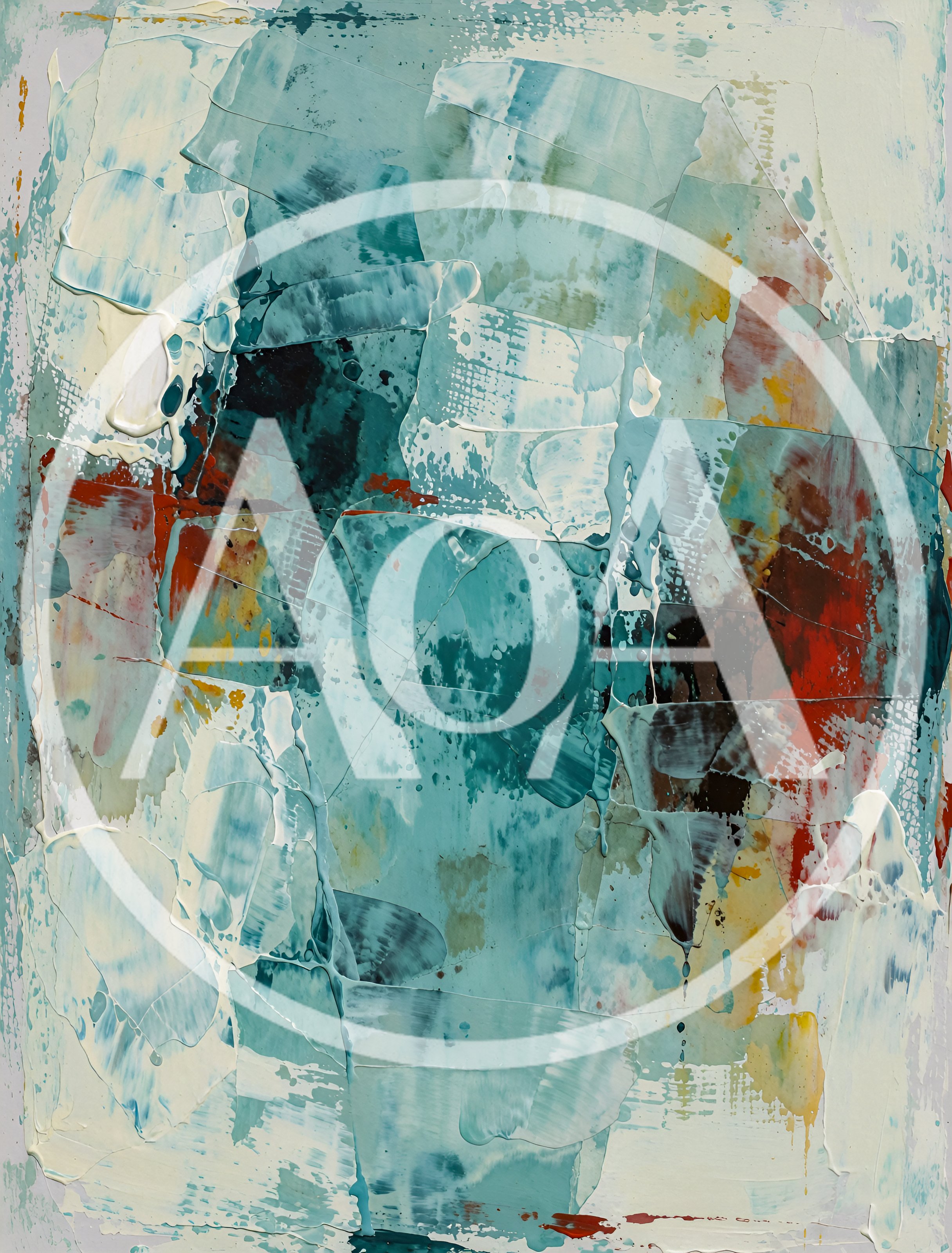 Abstract Oil Painting With Textured Teal And Red Strokes