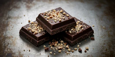 Three Pieces of Dark Chocolate Topped with Chopped Nuts