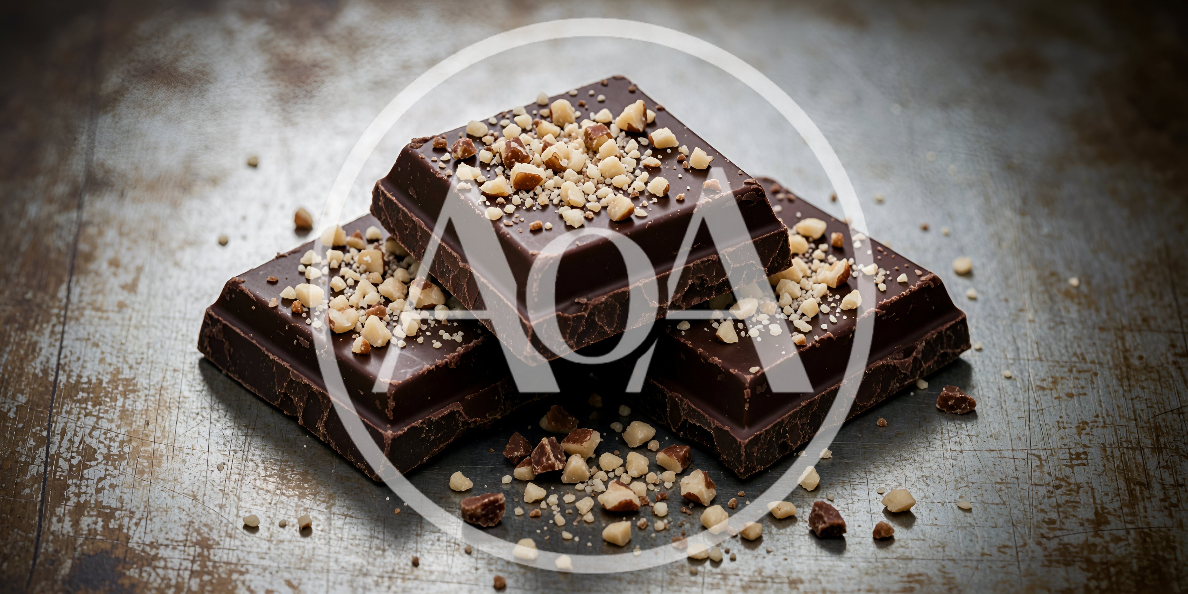 Three Pieces of Dark Chocolate Topped with Chopped Nuts