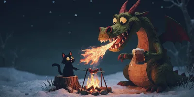 Dragon Roasting Sausages For A Black Cat