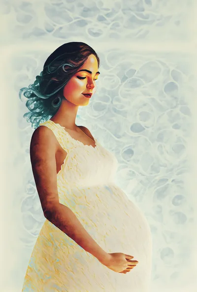 Pregnant Woman In A Yellow Dress Standing Against Abstract Background