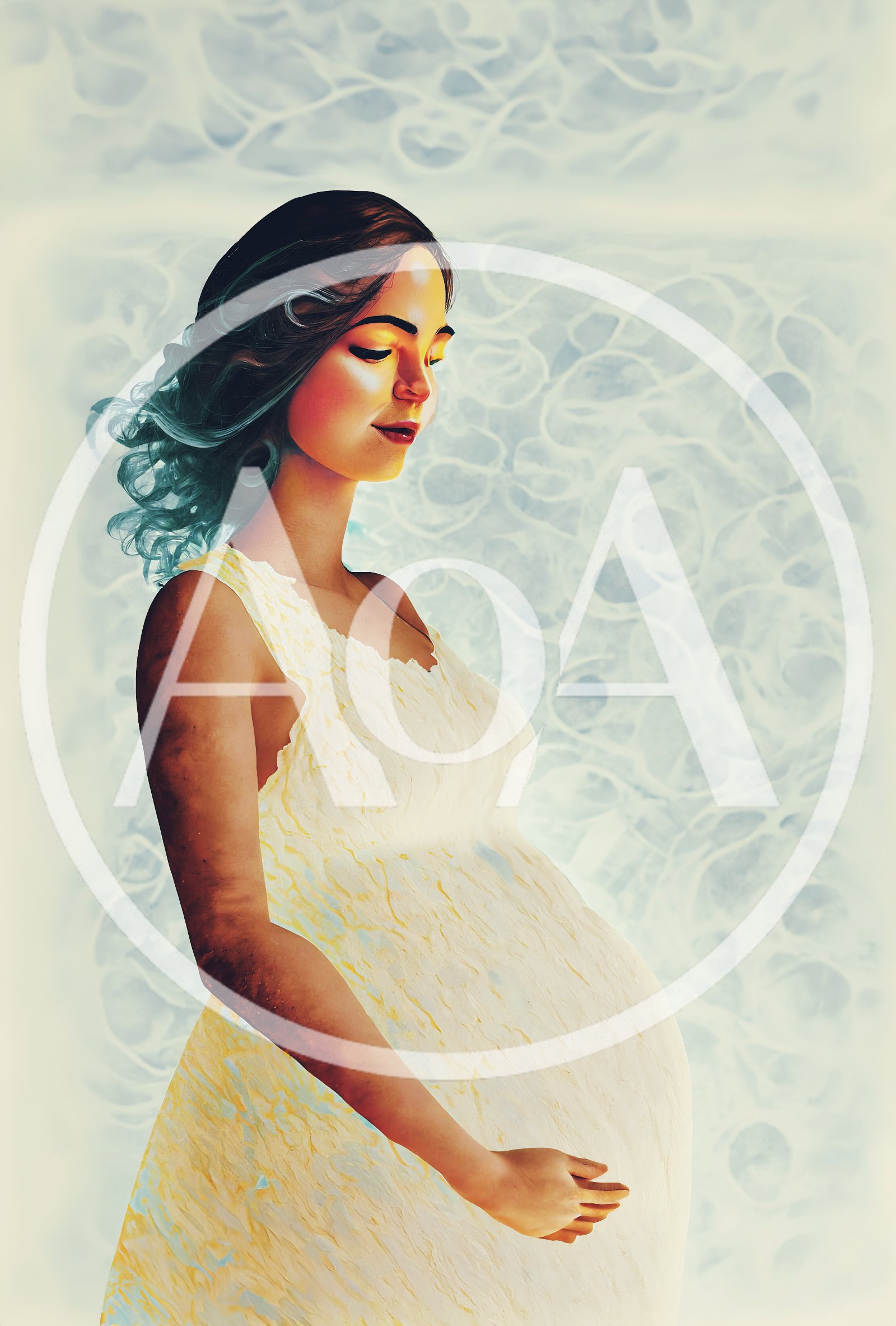 Pregnant Woman In A Yellow Dress Standing Against Abstract Background