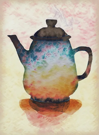 Watercolor Illustration Of A Colorful Ceramic Teapot