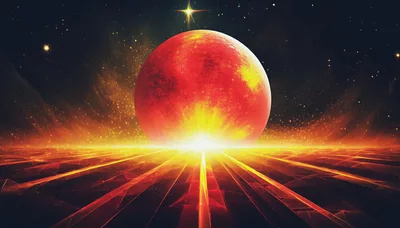 Abstract Red Planet Rising Over Glowing Geometric Horizon