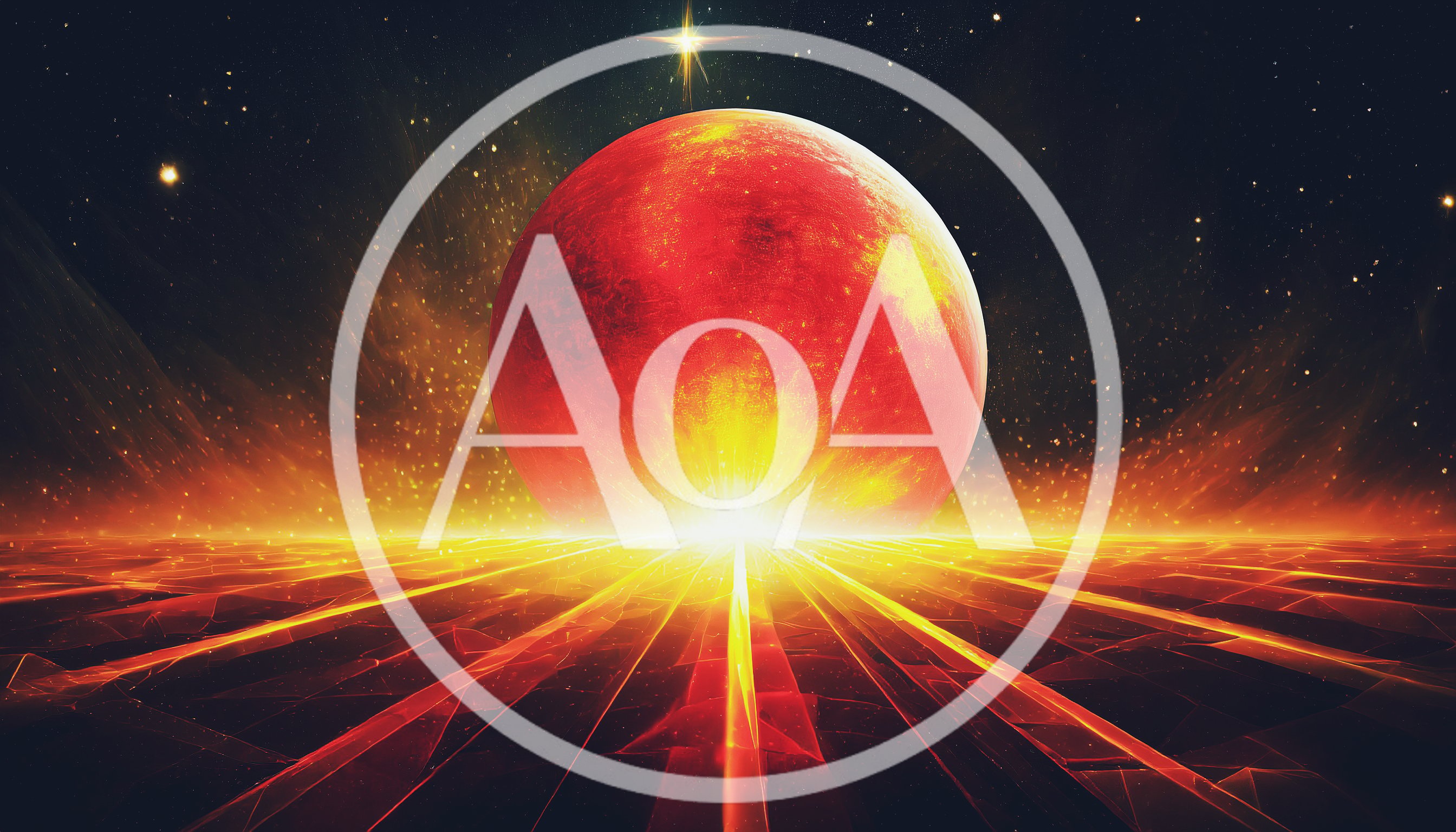 Abstract Red Planet Rising Over Glowing Geometric Horizon