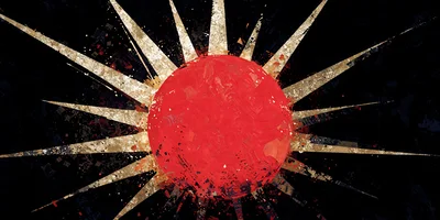 Abstract Red Sun With Golden Rays On Black Background