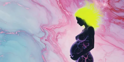 Pregnant Woman Silhouette With Glowing Neural Network Patterns