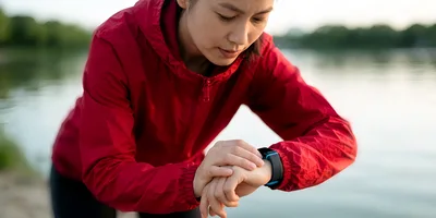 Asian Woman Checking Fitness Tracker During Outdoor Run