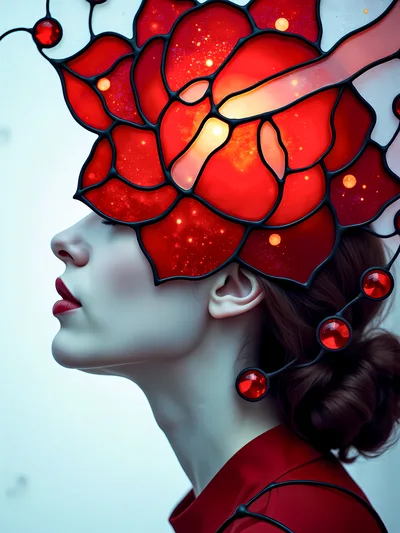 Surreal Portrait Of Woman With Stained Glass Floral Headpiece