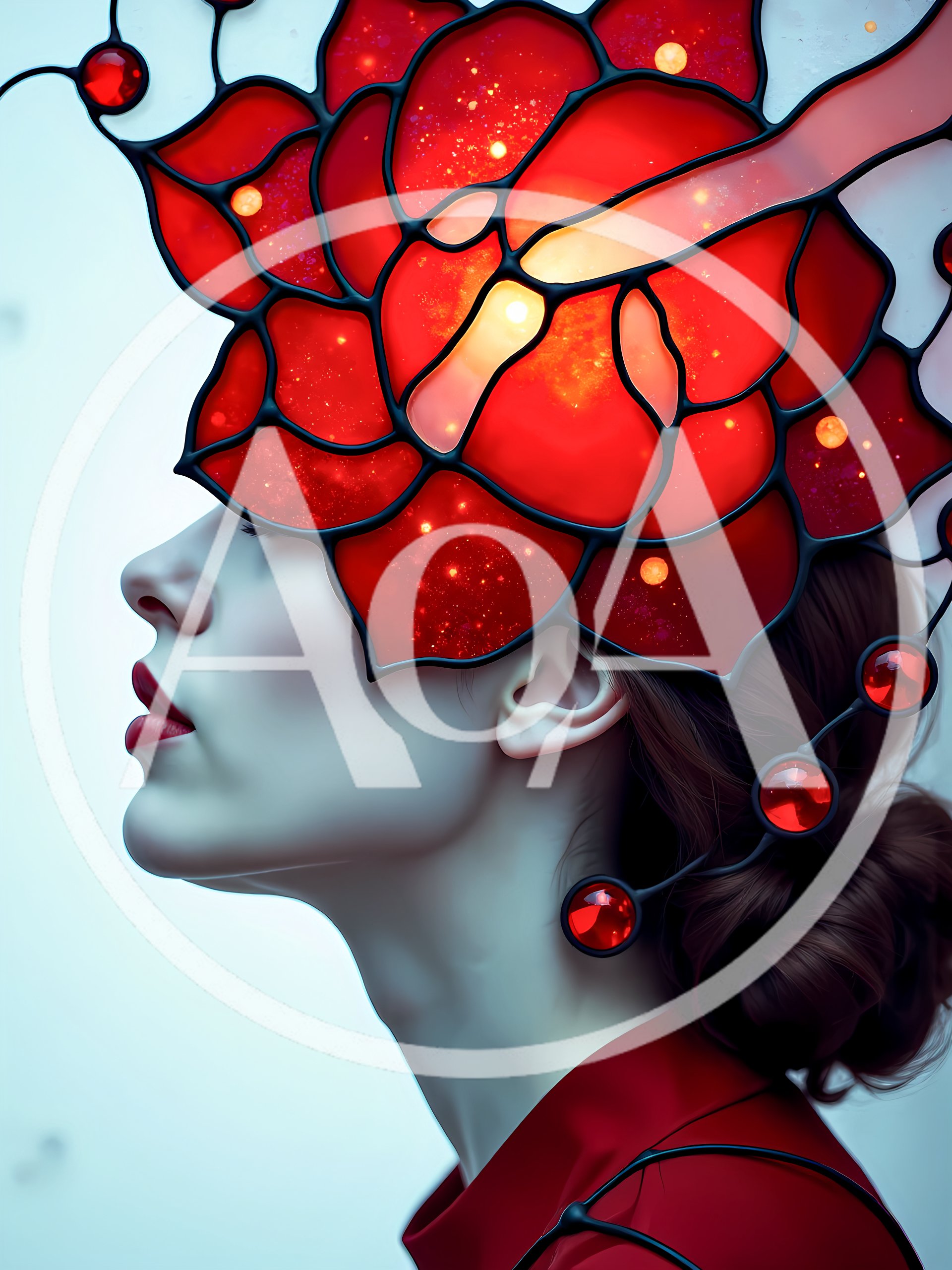 Surreal Portrait Of Woman With Stained Glass Floral Headpiece