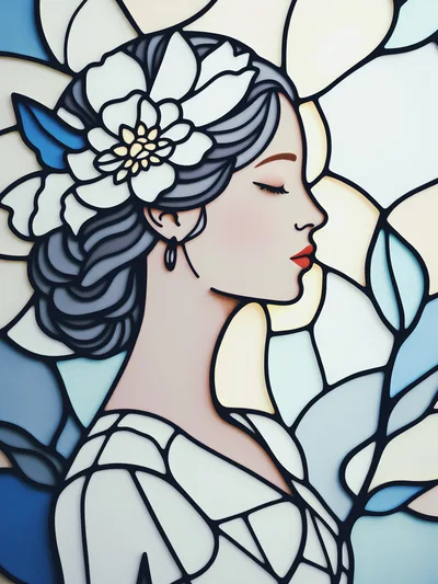 Stained Glass Portrait Of A Woman With Floral Hairpiece