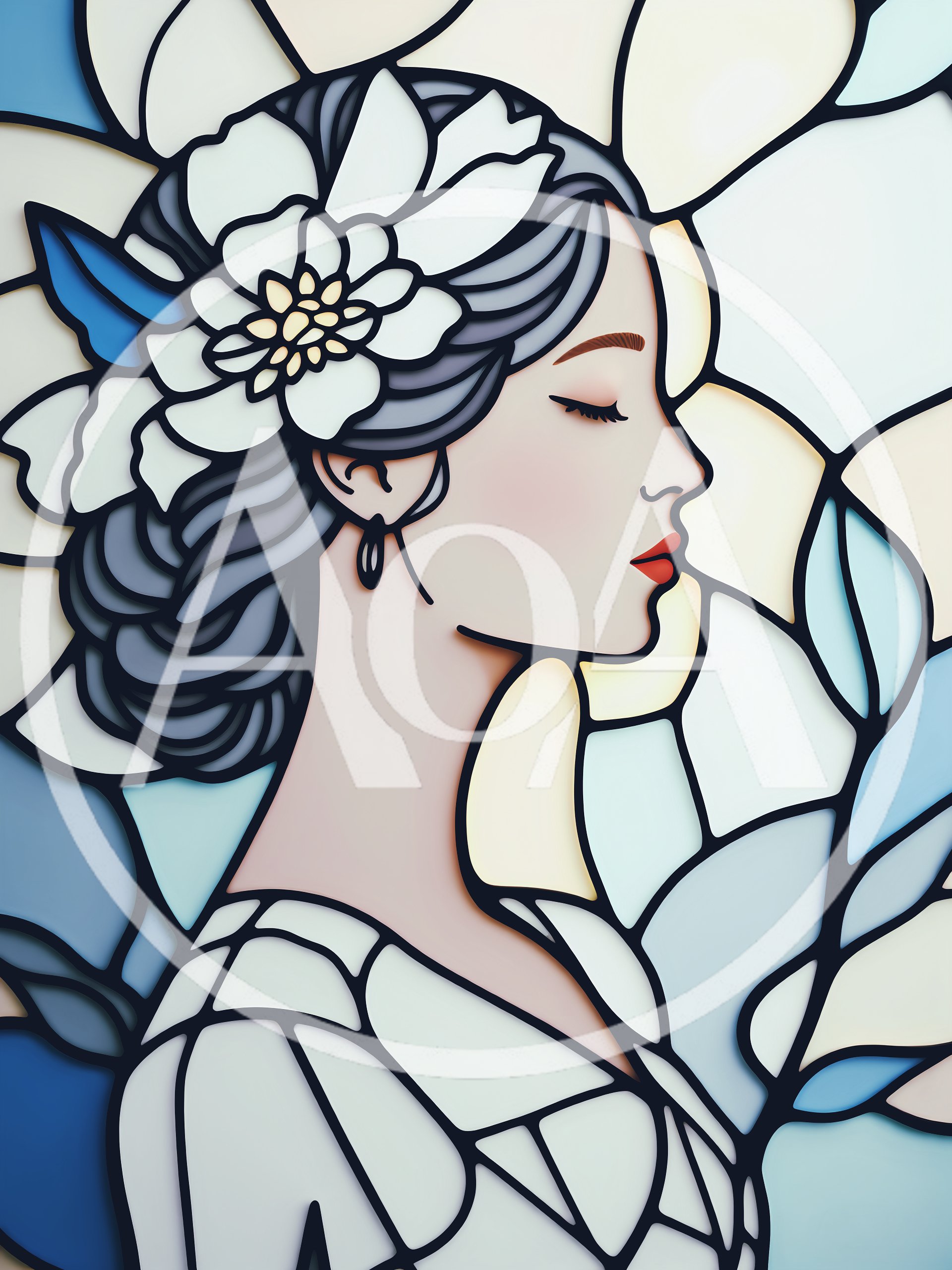 Stained Glass Portrait Of A Woman With Floral Hairpiece