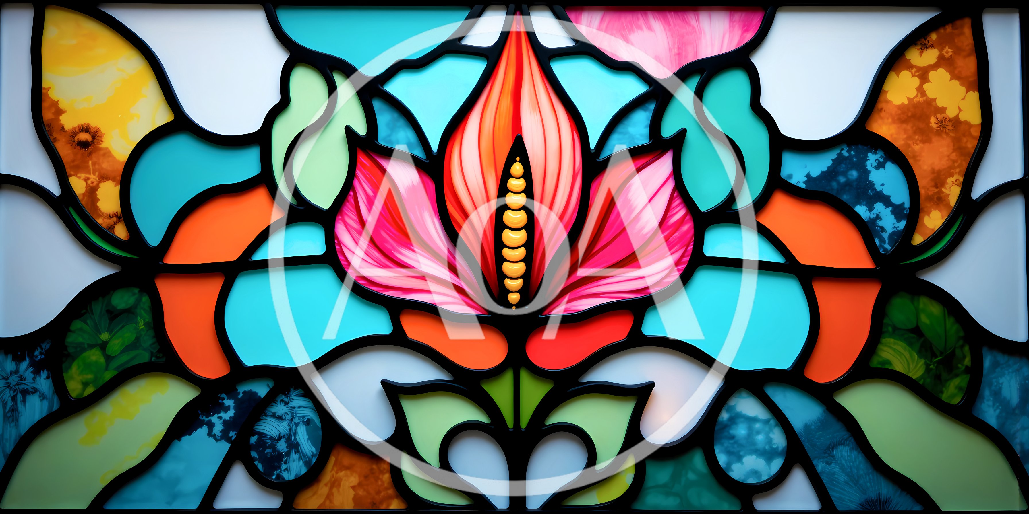 Stained Glass Window Featuring A Vibrant Central Flower