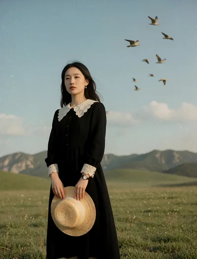 Young Woman Holding Straw Hat In Grassy Field